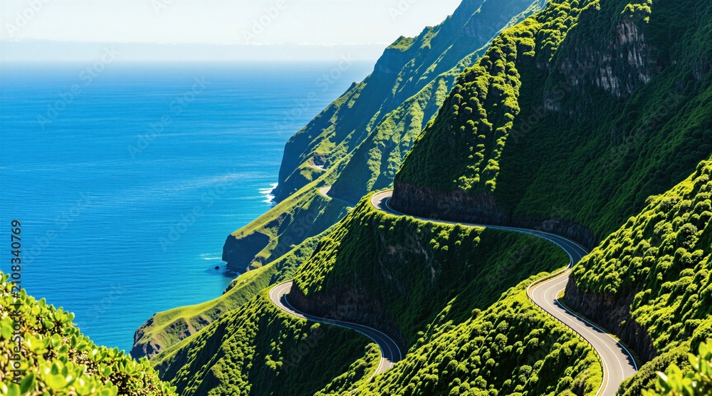 Obraz premium Winding mountain road snakes along steep green cliff side above deep blue ocean water. Scenic coastal highway runs through rich tropical island hills. Summer travel route offers stunning panorama for