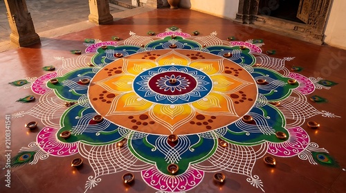 Beautiful rangoli design with lit diyas on the floor for diwali festival