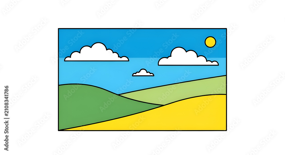 Fototapeta premium Colorful cartoon landscape with rolling hills and sunny sky.
