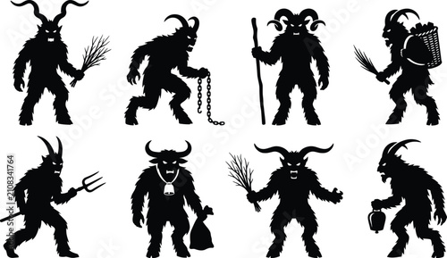 Konstfotografi Krampus silhouettes, Christmas devil, folklore monster, horns, mythical creature