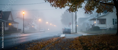 Misty morning street scene with fog, leaf-covered sidewalk, street lamps illuminating quiet neighborhood amid autumn foliage and tranquil atmosphere.