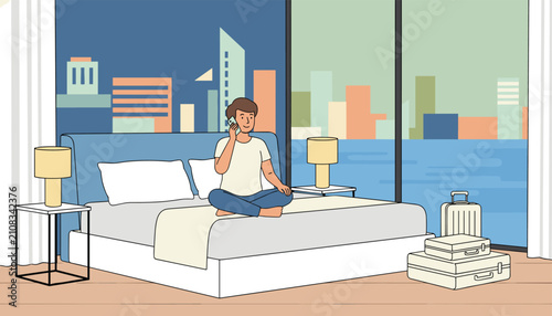 Young man sitting cross-legged on a comfortable hotel bed while talking on his mobile phone near packed suitcases.