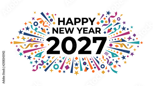 Canvas Print Happy New Year 2027 Celebration: A vibrant and colorful graphic celebrating the arrival of the New Year 2027 with confetti, streamers, and starbursts, conveying a festive and joyous atmosphere