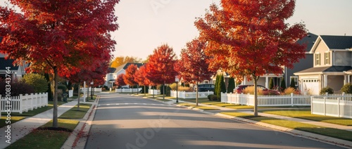 Serene Autumn Street Scene with Vibrant Red Trees and Charming Houses on a Sunny Day