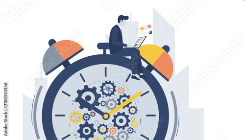 Businessman working on his laptop while sitting on top of a giant alarm clock with gears inside, symbolizing time management.