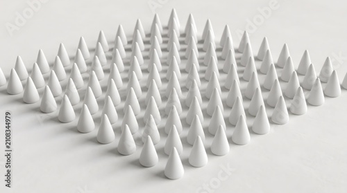 Seamless pattern of white geometric cones on white minimal background.