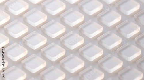 Minimalist white glass cubes floating on soft neutral surface.