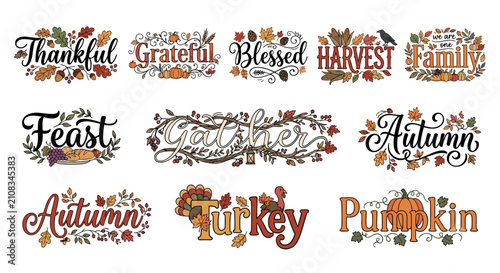 A collection of Thanksgiving and autumn-themed word art designs featuring fall leaves, pumpkins, and festive typography.