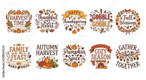 A collection of ten festive autumn and Thanksgiving themed circular designs with various seasonal phrases and decorative elements like pumpkins, leaves, and wheat.