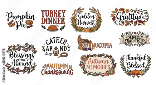 фотографія A collection of eleven festive Thanksgiving and autumn-themed graphic designs featuring various phrases and seasonal elements like pumpkins, leaves, and cornucopias