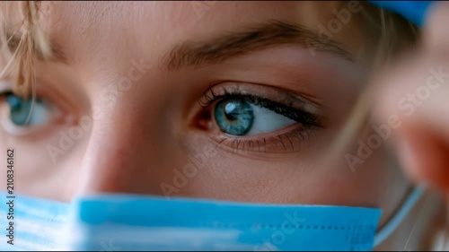 Close-up portrait of a female medical worker wearing a blue surgical mask, emphasizing healthcare, hygiene, infection prevention, and professional vigilance