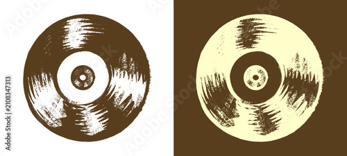 Grunge vinyl record doodle illustration showcases hand drawn retro audio discs. Distressed musical sound album element for modern music festival poster t-shirt print design clip art.