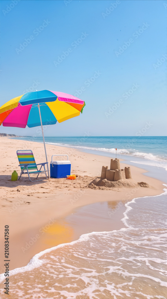 Obraz premium Summer vacation setup with colorful umbrella, beach chair, and sandcastle on sandy shore. Recreational equipment for family trip near ocean waves.