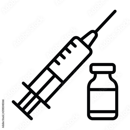Medical syringe and vaccine vial flat line icon set with medicine injection clinical healthcare treatment immunization pharmaceutical hospital