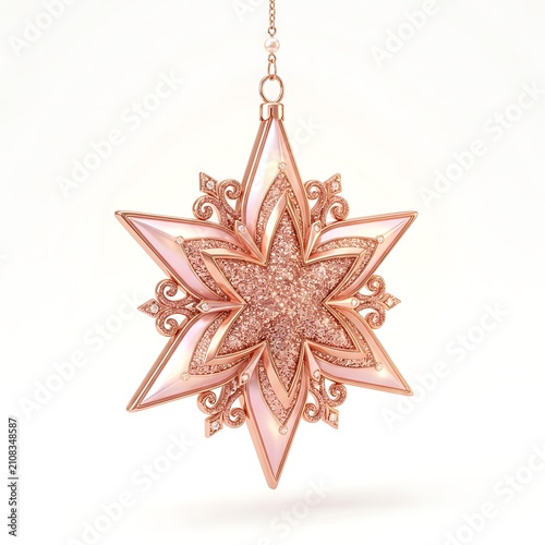 A glossy pink star christmas ornament with rose gold glitter details hanging on a chain, isolated on white. Front view clip art suitable for holiday greeting cards, new year banners, and winter decor.