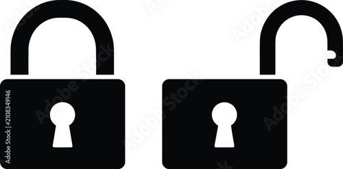 Cuadro en lienzo Locked and unlocked padlocks, secure and open black shackles, privacy protection