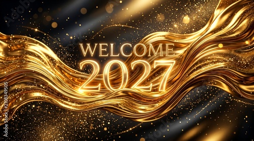 Elegant Gold Wave Abstract Background Featuring Festive Typography for New Year 2027 Celebration Concept