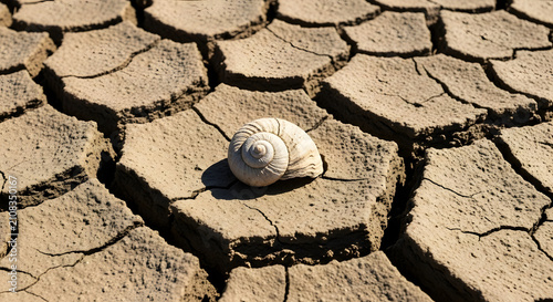 Climate Change Global Warming Impact Concept with Snail Shell on Cracked Dry Earth Ground for Environmental Awareness Campaign