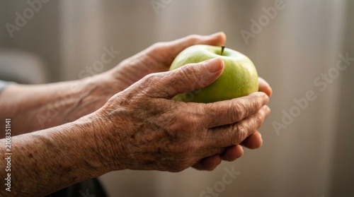 Close up of wrinkled hands of elderly person tenderly holding a fresh green apple for healthy aging concept