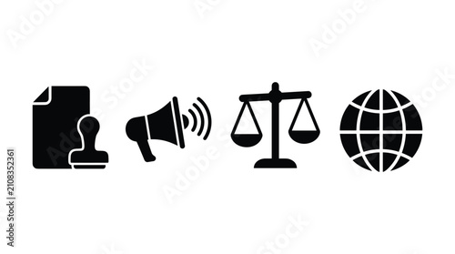 Bild auf Leinwand Official document rubber stamp announcement megaphone sound waves balance scales justice world globe communication law rights global reach