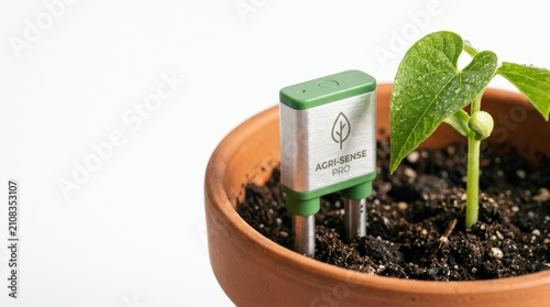 Smart agriculture soil moisture sensor device inserted into potted plant soil for digital farming concept