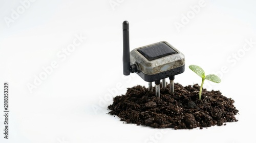 Solar powered IoT wireless smart farming soil sensor placed in soil next to young green sprout isolated on white
