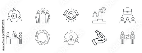 Line icons depicting teamwork success and business interactions collaboration