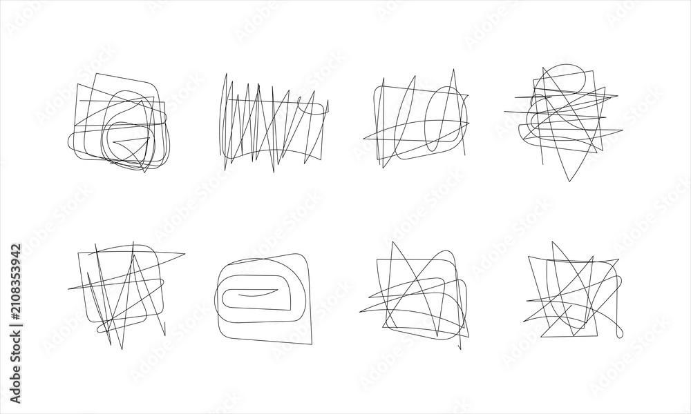 Obraz premium Abstract Hand Drawn Geometric Scribble Shapes Collection with Freeform Linear Sketches, Minimal Continuous Pen Stroke Doodles, Modern Editable Vector Line Art Set Isolated on White Background