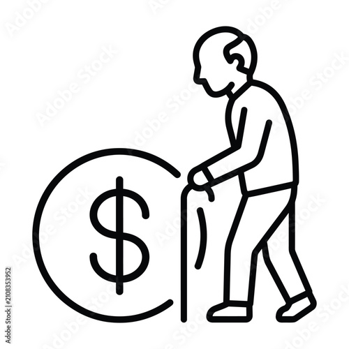 Retirement finance concept icon with senior citizen walking with a cane near dollar coin retirement investment planning security financial