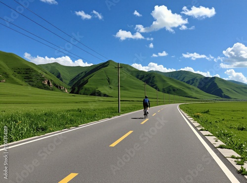 Lone cyclist rides bicycle on empty asphalt road through green grass valley. Person pedals bike along mountain landscape under sunny blue sky with clouds. Rural route offers scenic travel outdoor