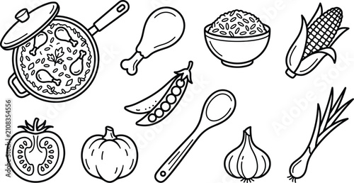 Картината върху платно Chicken Arroz con Pollo Cooking Vector Icon Set Featuring Rice Skillet, Drumstic