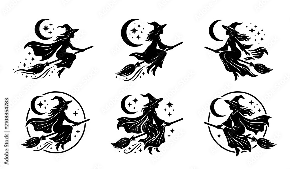 Obraz premium Elegant Witch Flying on Broomstick Celestial Silhouette Emblem Vector Collection