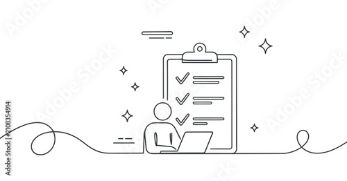 Line art clipboard with checklist and person continuous drawing illustration