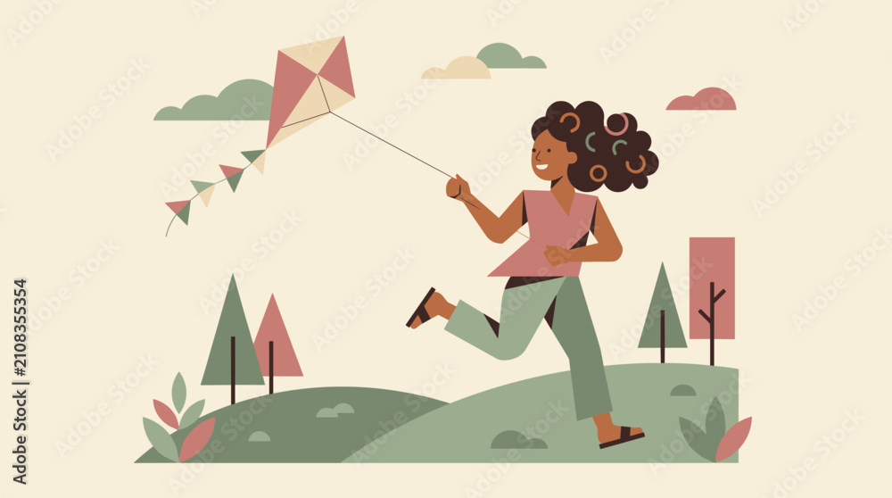 Fototapeta premium Young woman joyfully flying a kite in a park with trees and clouds