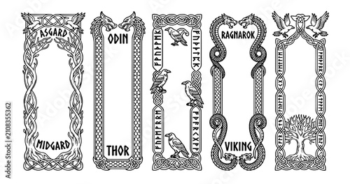Cuadro en lienzo Viking Norse mythology bookmarks set, Celtic knotwork borders with Odin and Thor
