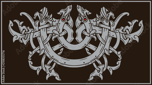 Foto Symmetrical Viking wolf ornament with crossed bearded axes and Norse knotwork ve