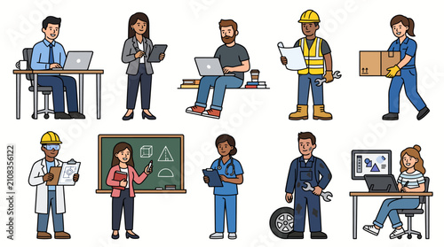Diverse Group of Professionals Working in Various Occupations and Industries.