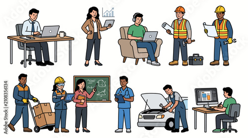 Diverse professionals working in various occupations and industries illustration.