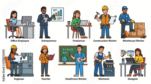 Diverse Professionals Working in Various Occupations and Industries.