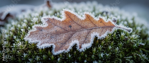 Frost-covered leaf on moss background capturing nature's beauty in chilly environment showcasing intricate details and textures of winter's touch