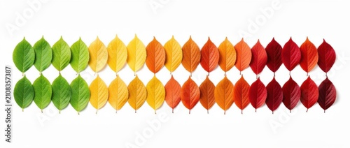 Colorful Gradient of Natural Leaves Displaying Autumn Shades from Green to Red Representing Seasonal Change and Nature's Beauty