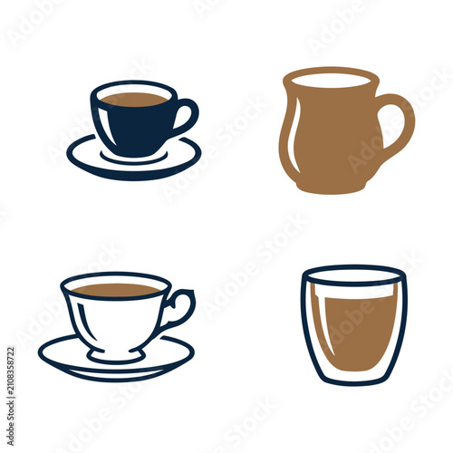 Quadro su tela Set of coffee cups and mugs with hot drinks in a simple flat illustration style