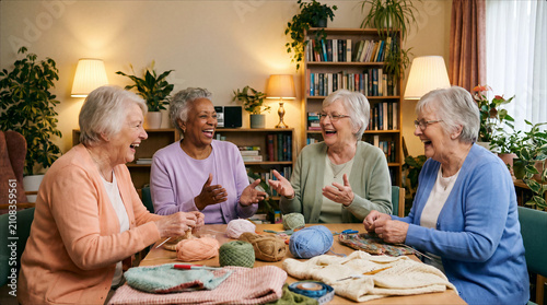 Senior women knitting and laughing together in a community social club. Creative hobby, friendship, communication and healthy retirement lifestyle.