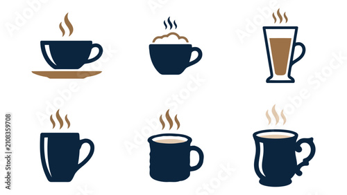 Konstfotografi Set of dark blue coffee cups and mugs with hot steaming drinks for cafe menu or
