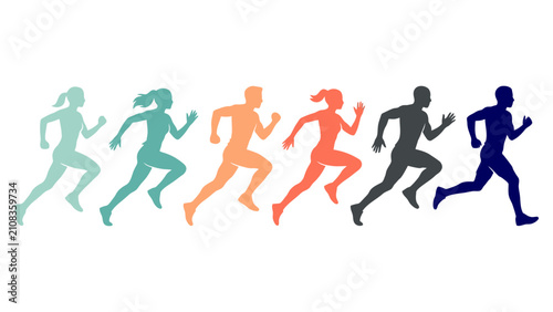Foto Group of colorful men and women running in a fast motion sequence isolated illus
