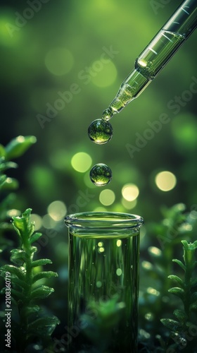 Green liquid droplets fall from a glass pipette into a test tube surrounded by foliage.