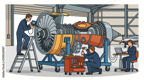 Aircraft engine maintenance team working in hangar illustration.