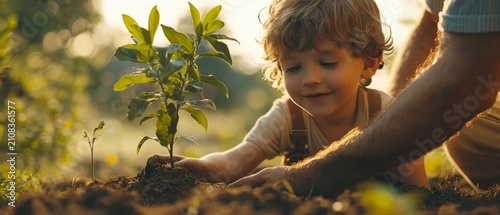 A young child and an adult carefully plant a small sapling in rich soil against a sunlit background.