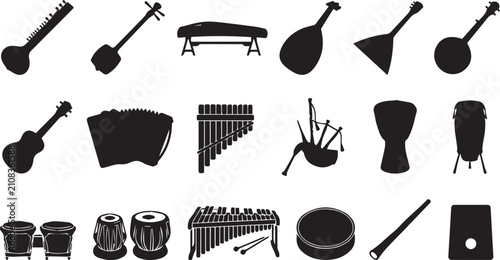Fotografi Traditional Musical Instruments Silhouette Collection Set, Black Isolated Icons