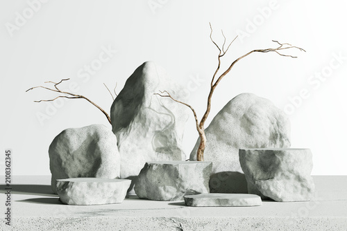minimalist product display stone podiums with dry branches 3d rendering